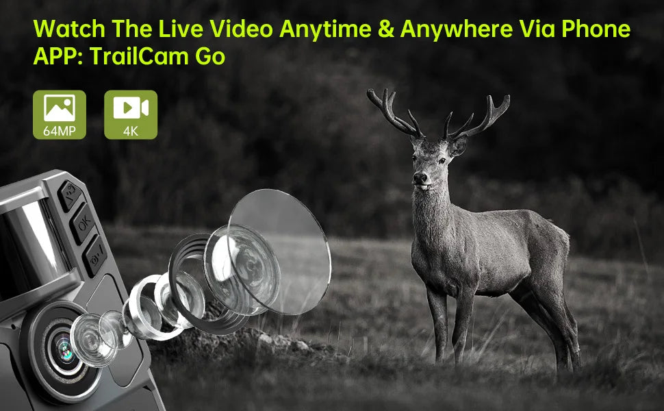Trail Camera Solar Game Trail Cam - 4K 64MP Hunting Trail Cameras for Deer Wildlife Monitoring with Night Vision, 0.2s Trigger T