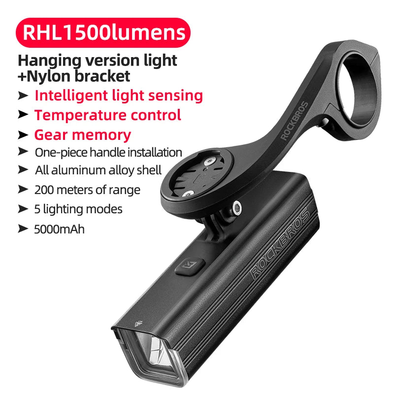 Bicycle Light 1500LM Aluminum Alloy Type-C Charging Smart Bike Front Lights Hanging Version LED Lamp Cycling Headlights
