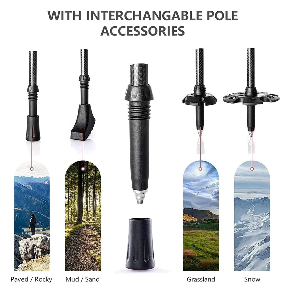 2PCS Trekking Poles Walking Sticks Lightweight Carbon Fiber Collapsible Telescopic Sticks Adjustment Lock Hiking Cane