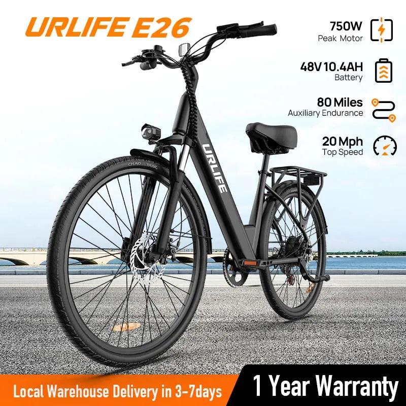 750W E26 Electric Bike for Adults | 48V 10.4Ah Removable Battery, Top Speed 20MPH, 26''X2" Standard Tire, 7-Speeds