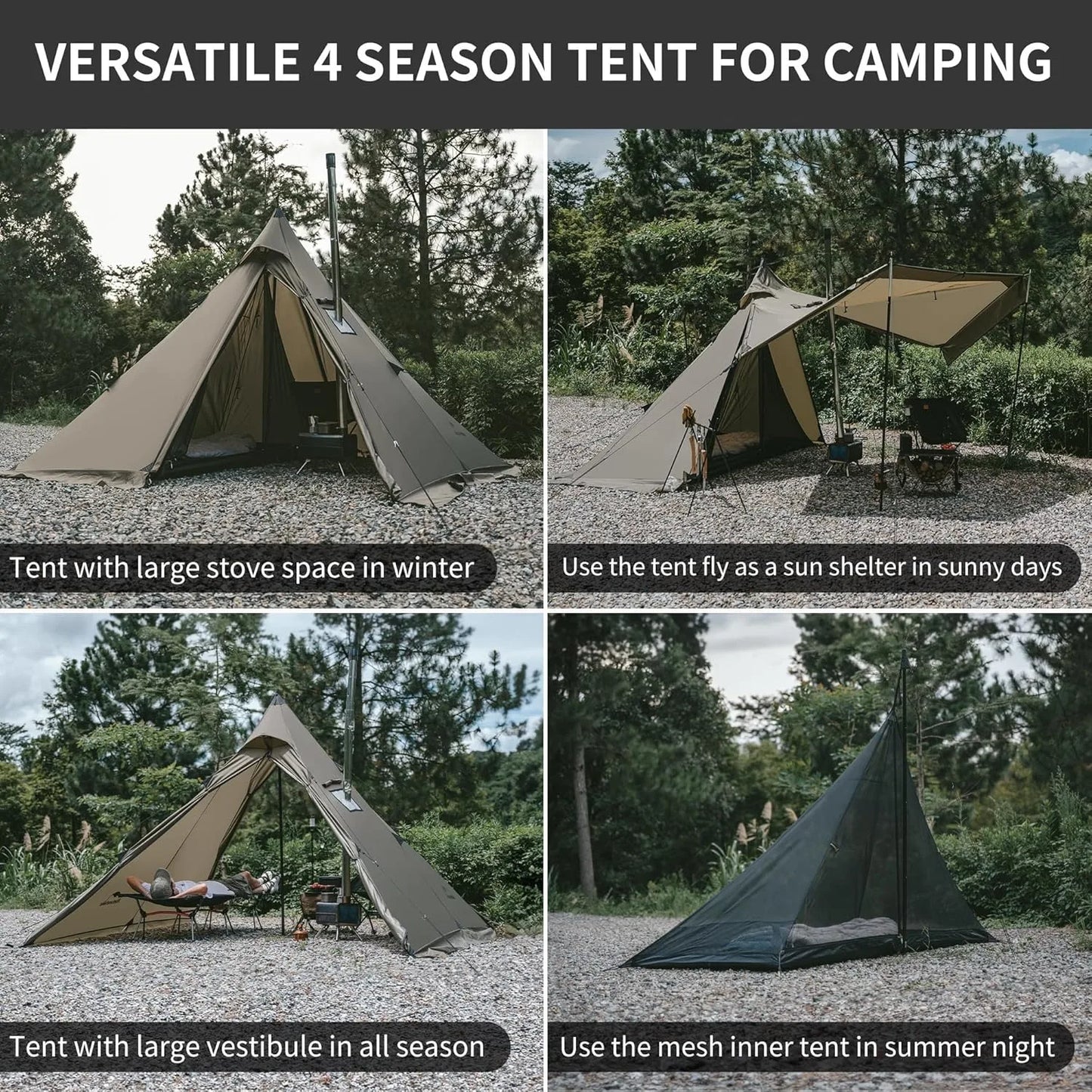 Camping Tent with Chimney Window 2-4 Person Outdoor Ultralight Tipi Teepee Tent Pyramid Double Layer Flame-retardant