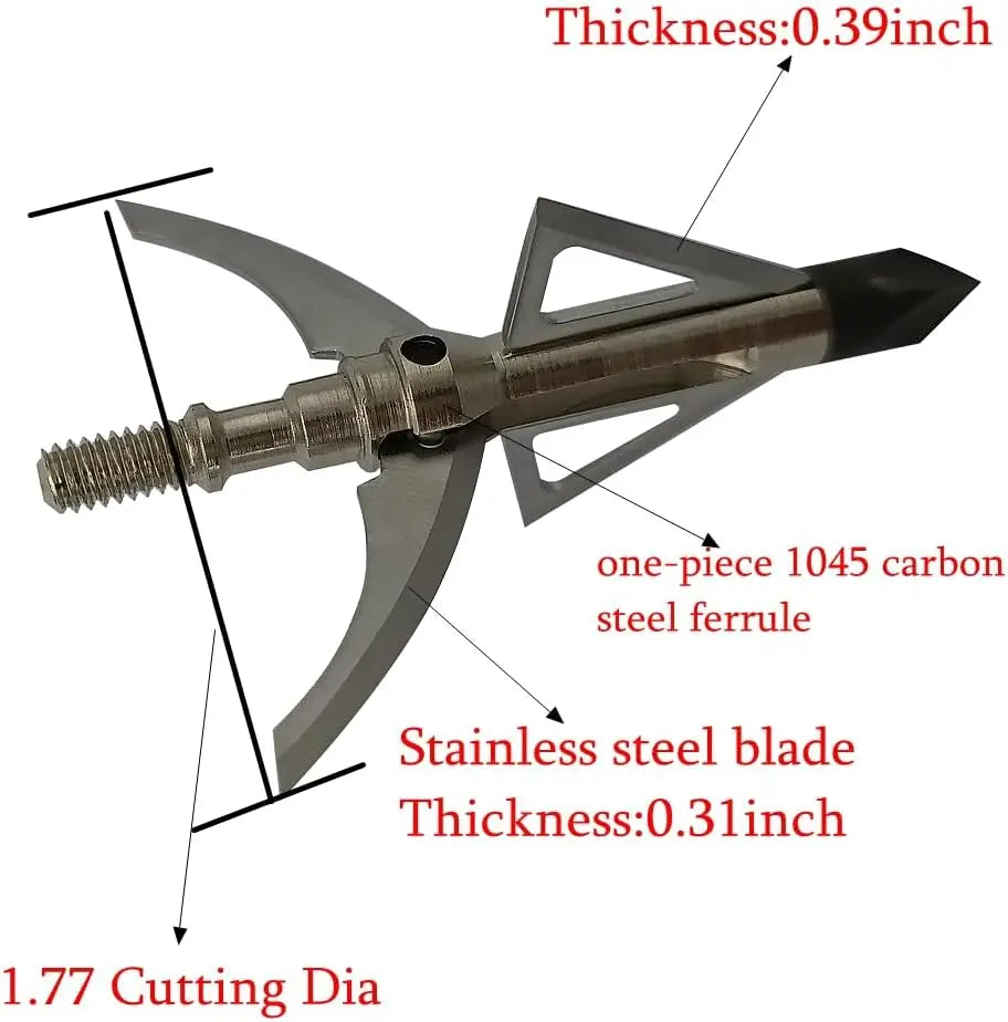 6 PK Broadhead 125Grains 4-Blade Hunting Hybrid Mechanical Broadhead with Chisel Tip 1.77" Cutting Dia for Crossbow Compound Bow Archery Hunting