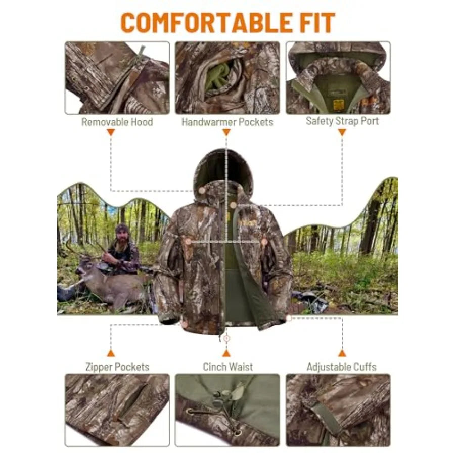 Camo Hunting Jackets for Men Warm Fleece Lined Hunting Jacket with Hood Quiet Water Resistant Hunting Clothes