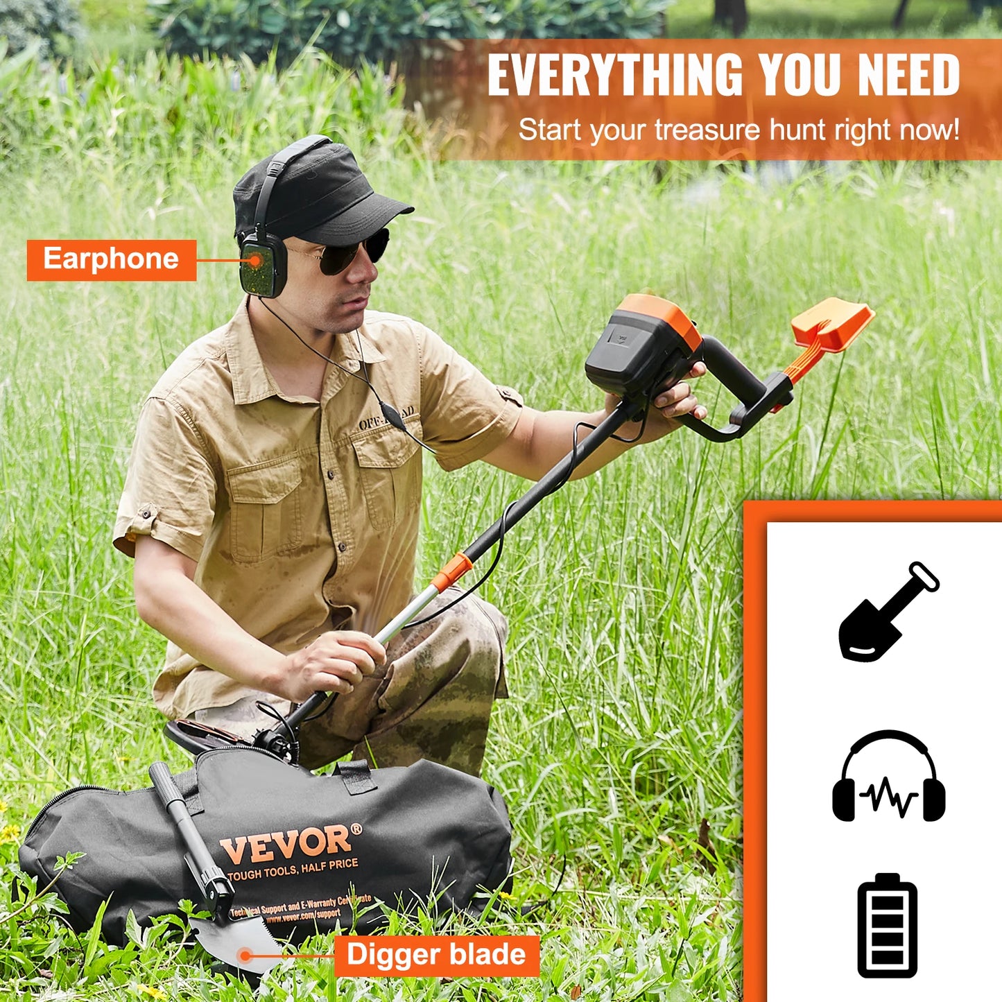 Metal Detector 8 Inch Waterproof Search Coil High Accuracy Pointer Display Adjustable 38''-49'' Aluminum Stem Detector