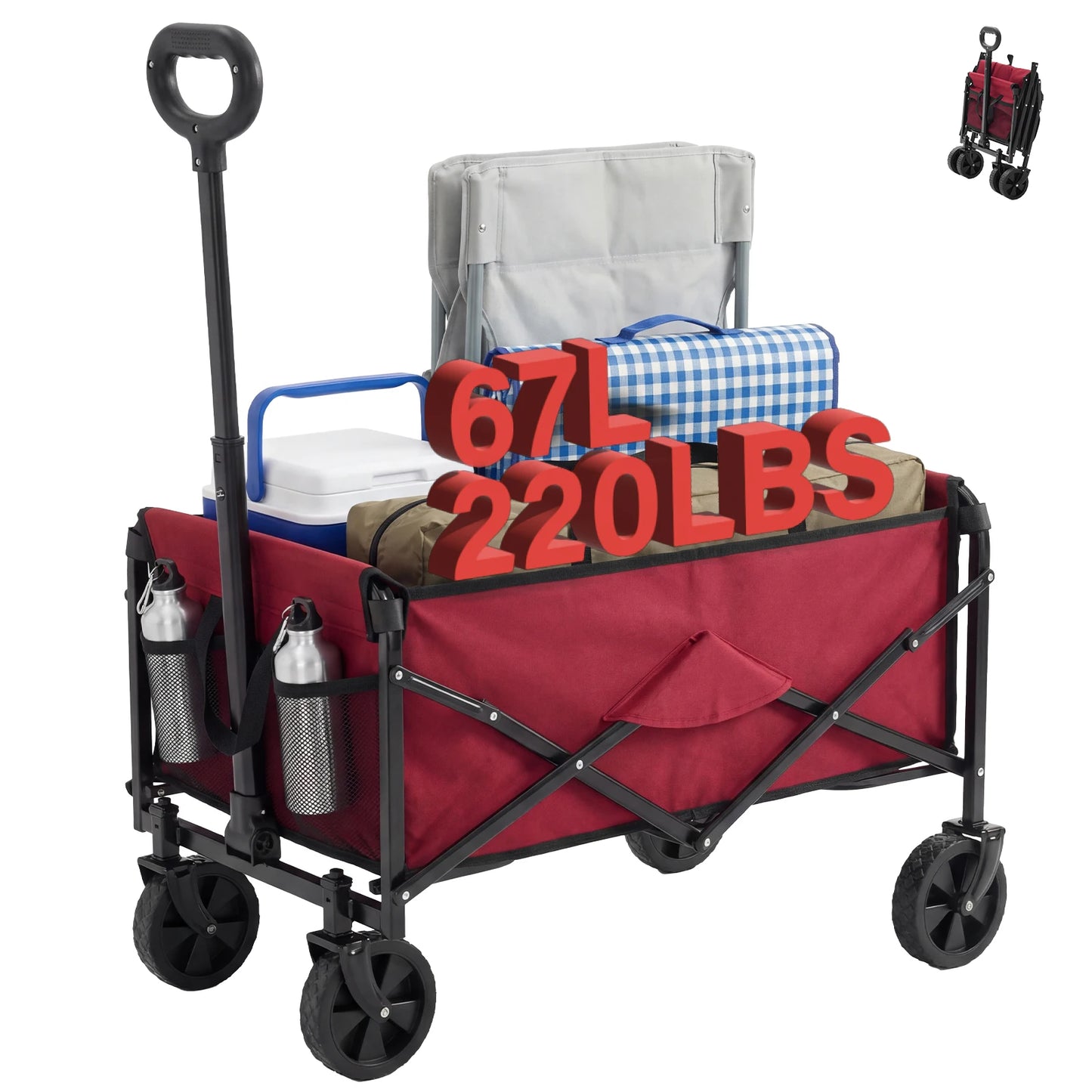 67L Heavy Duty Collapsible Wagon Cart Utility Folding Wagon with Wheels 220 lbs Weight CapacityFlexible Handle for Beach