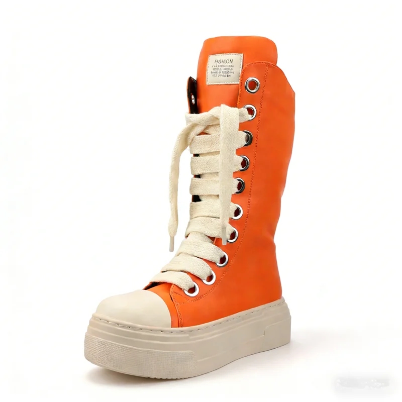Fashion Thick Bottom Platform Unisex Shoes Women's Casual Sport Mid Boots Cross Tied All Match Increase Sneakers Female Runway