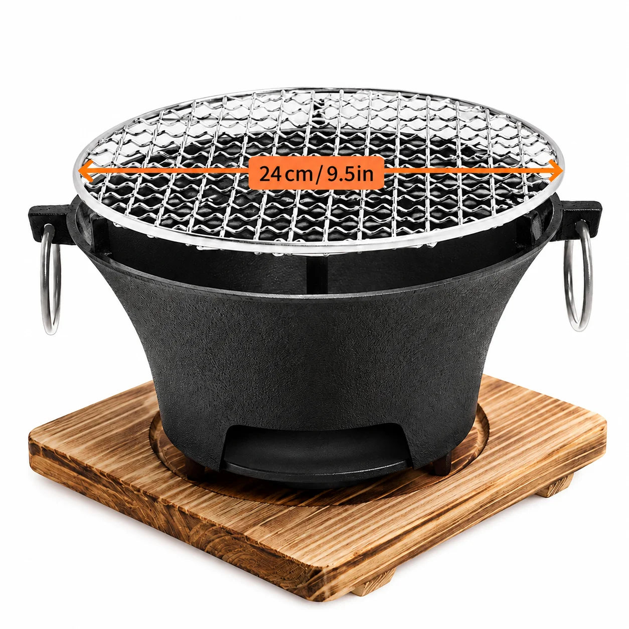 Portable Charcoal Grill Mini Tabletop BBQ Cast Iron Body Stainless Steel Removable Grill Net Heat-Resistant Wooden Base Silver Carry Rings Outdoor Picnic and Backyard Cooking