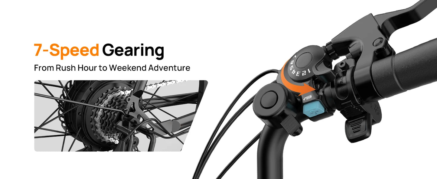 750W E26 Electric Bike 26x2" Commuter Tires 48V 10.4Ah Removable Battery 20MPH Speed 7-Speeds LCD Display