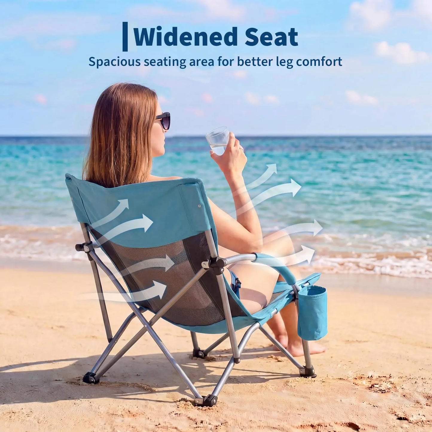 Low Beach Chair, Folding Portable Beach Chairs for Adults, Lightweight Extra Wide Seat Chair with Cup Holder, Storage Pocket & Carry Bag for Camping, Beach, Travel