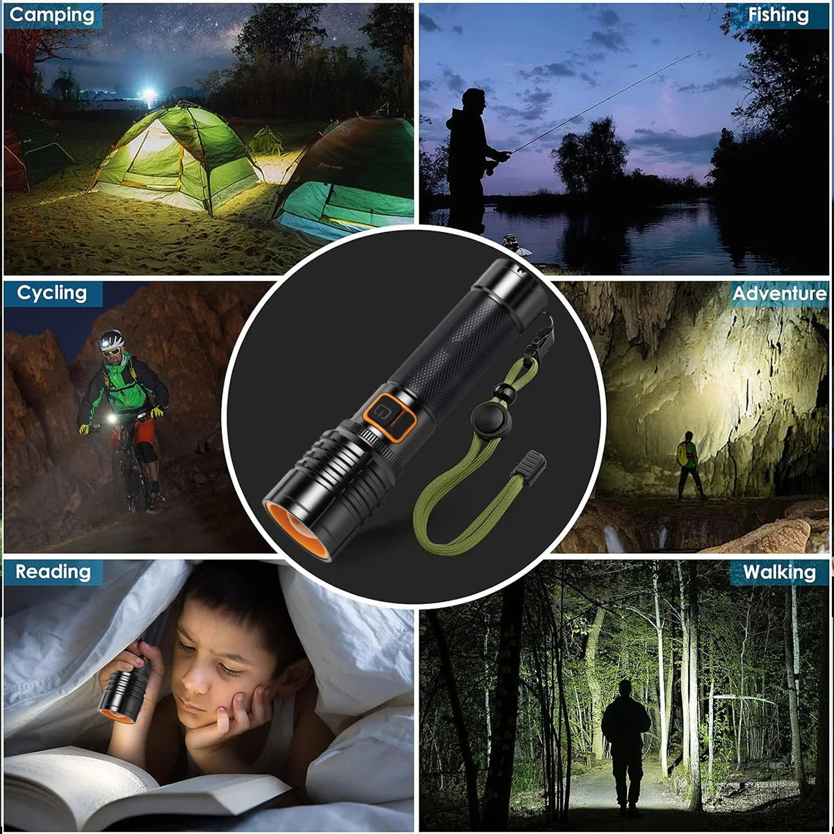 Tactical Flashlight Fire-Starting Flashlight Kit High Power LED Aluminum Alloy Flashlight USB-C Rechargeable Super Bright To