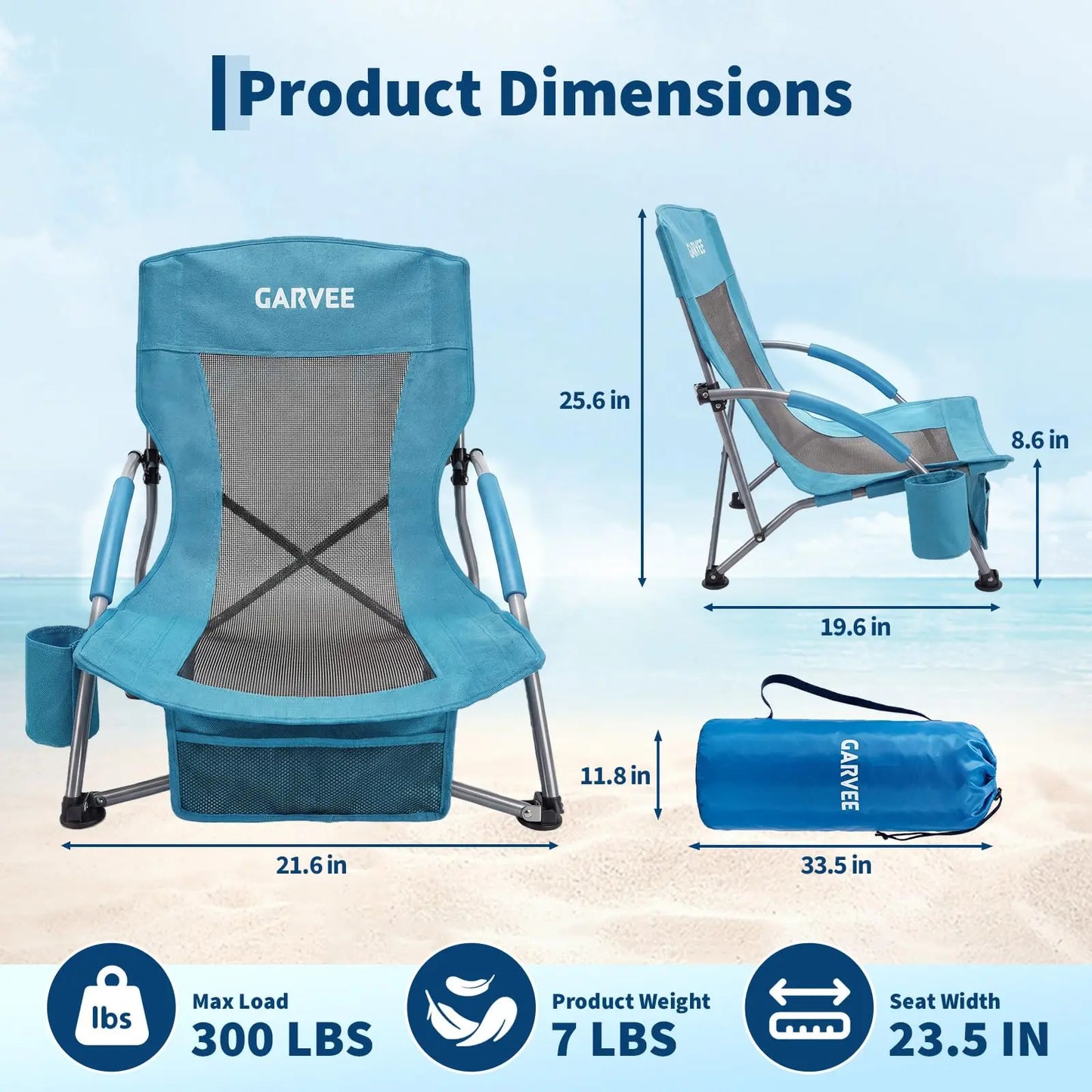 Low Beach Chair, Folding Portable Beach Chairs for Adults, Lightweight Extra Wide Seat Chair with Cup Holder, Storage Pocket & Carry Bag for Camping, Beach, Travel