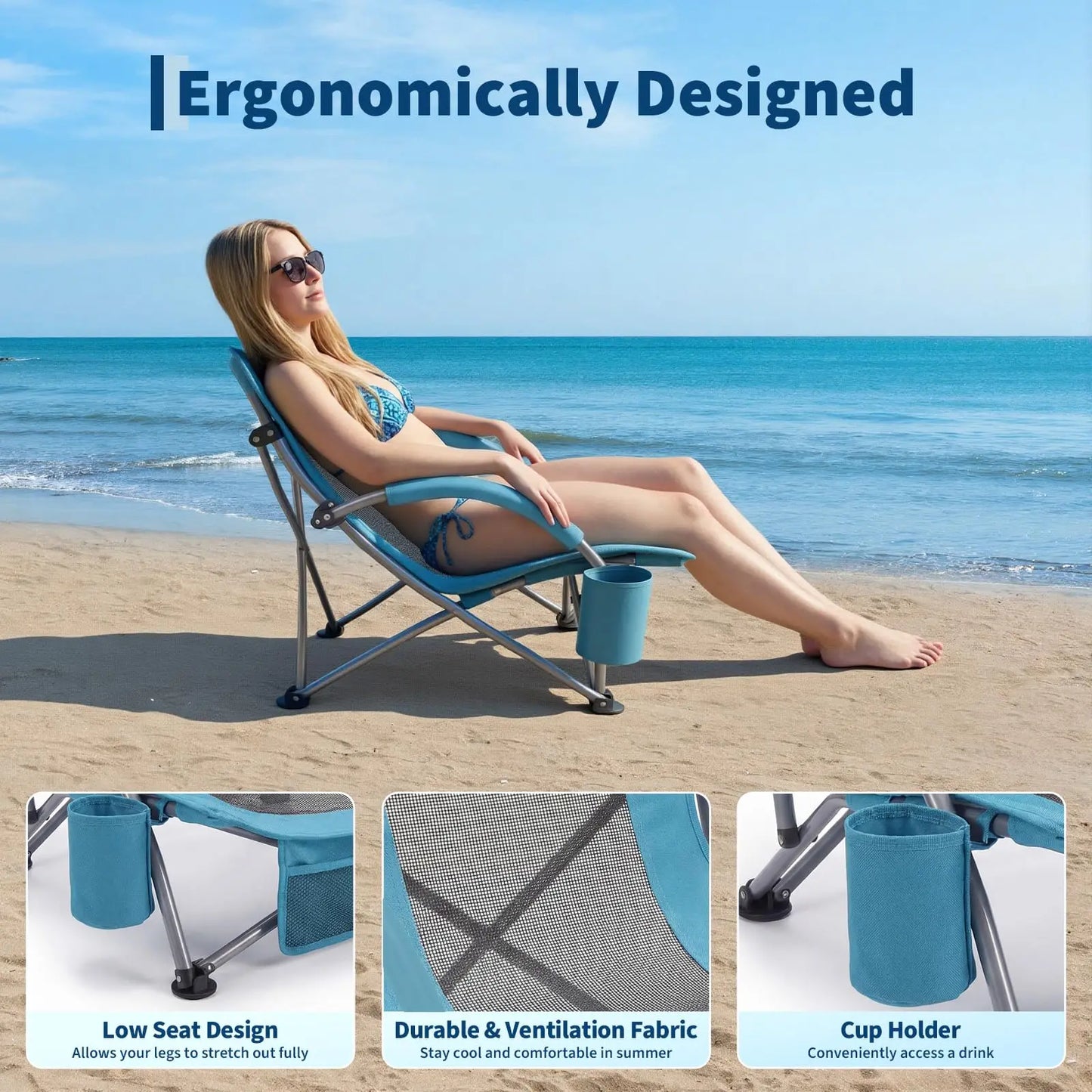 Low Beach Chair, Folding Portable Beach Chairs for Adults, Lightweight Extra Wide Seat Chair with Cup Holder, Storage Pocket & Carry Bag for Camping, Beach, Travel