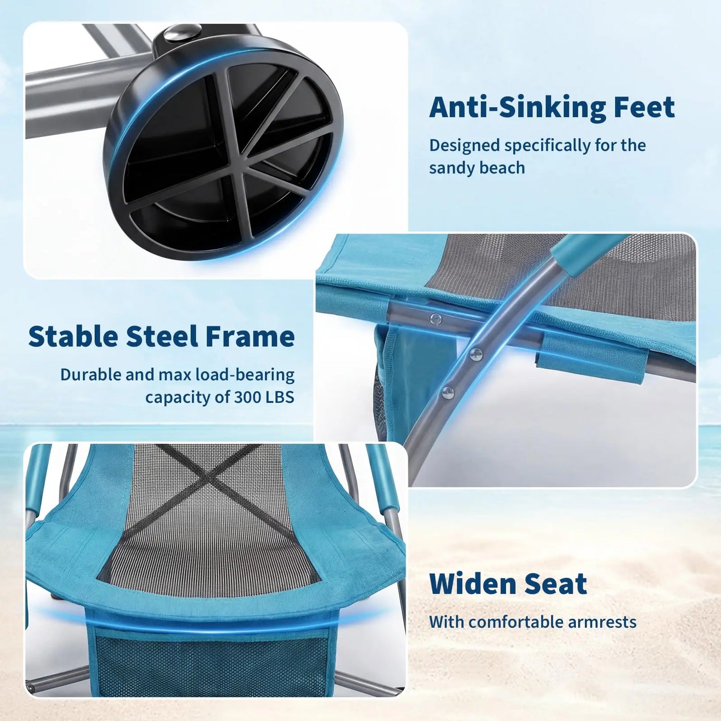 Low Beach Chair, Folding Portable Beach Chairs for Adults, Lightweight Extra Wide Seat Chair with Cup Holder, Storage Pocket & Carry Bag for Camping, Beach, Travel