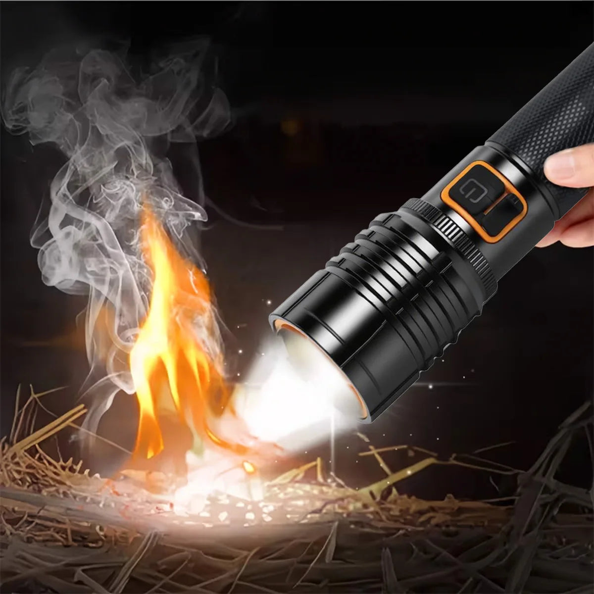 Tactical Flashlight Fire-Starting Flashlight Kit High Power LED Aluminum Alloy Flashlight USB-C Rechargeable Super Bright To