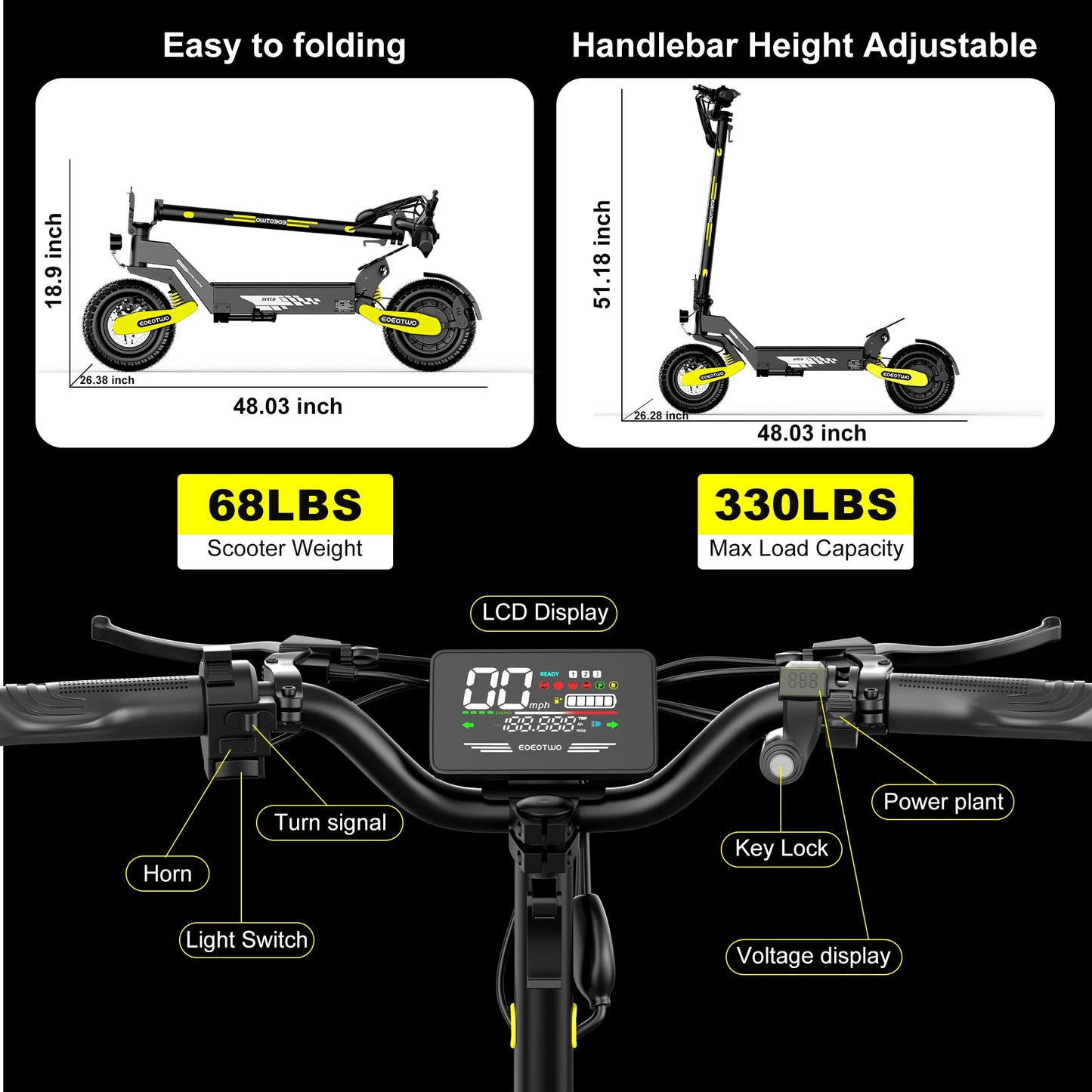 1200W Off Road Electric Scooter for Adults 48V Long Range E-Scooter 30MPH Fast Speed 11" Tubeless Tire Foldable Kick Scooter