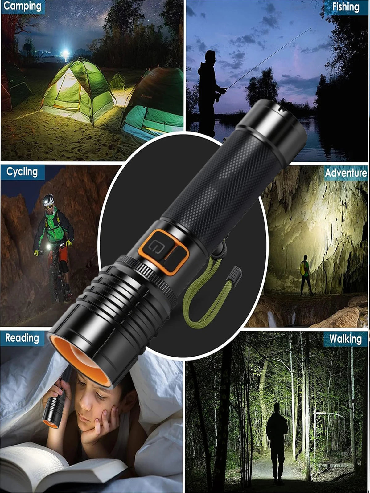 Tactical Flashlight Fire-Starting Flashlight Kit High Power LED Aluminum Alloy Flashlight USB-C Rechargeable Super Bright To