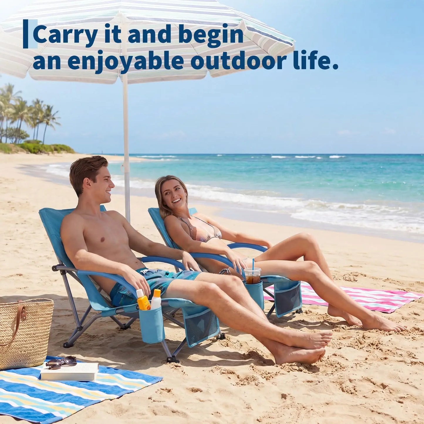 Low Beach Chair, Folding Portable Beach Chairs for Adults, Lightweight Extra Wide Seat Chair with Cup Holder, Storage Pocket & Carry Bag for Camping, Beach, Travel