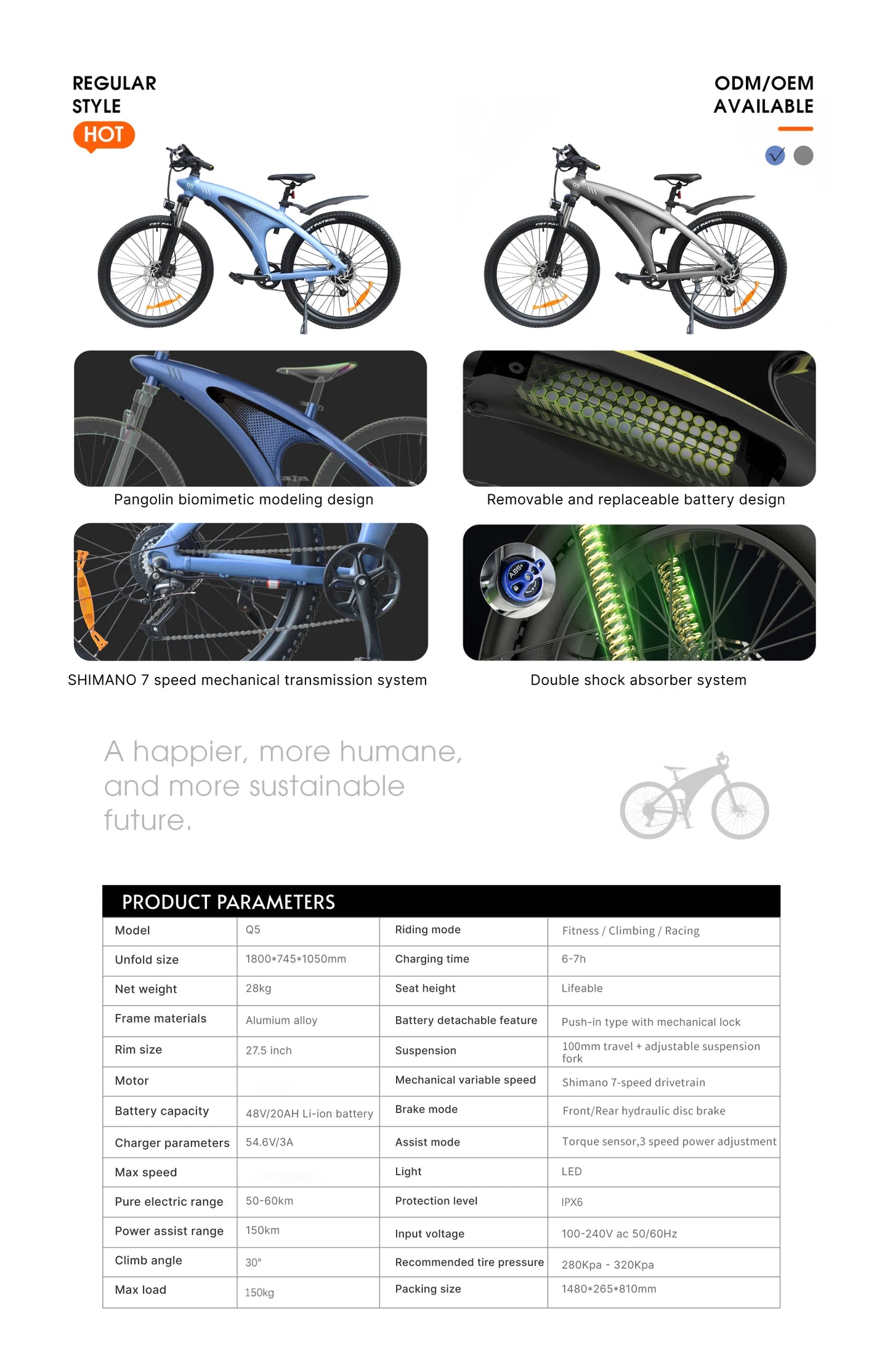 HX Q5 Ebike 2000W Torque Sensor Adults Electric Bike 85Nm 57KM/H Electric Bicycle 27.5“ Removable Battery Electric Mountain Bike