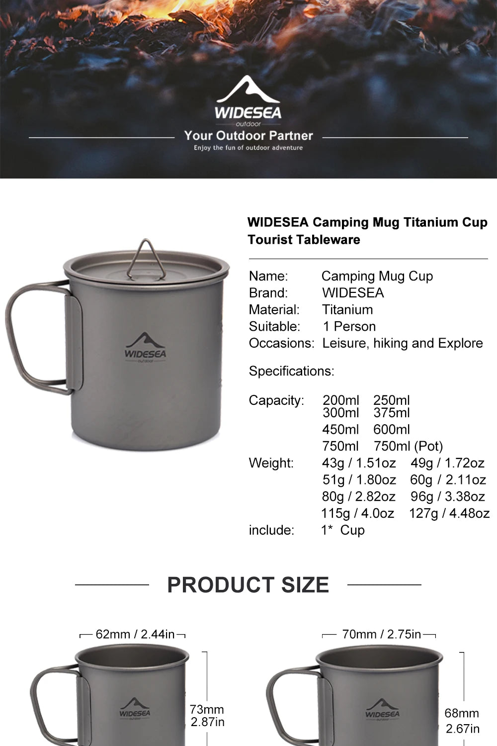 Camping Mug Titanium Cup Tourist Tableware Picnic Utensils Outdoor Kitchen Equipment Travel Cooking set Cookware Hiking