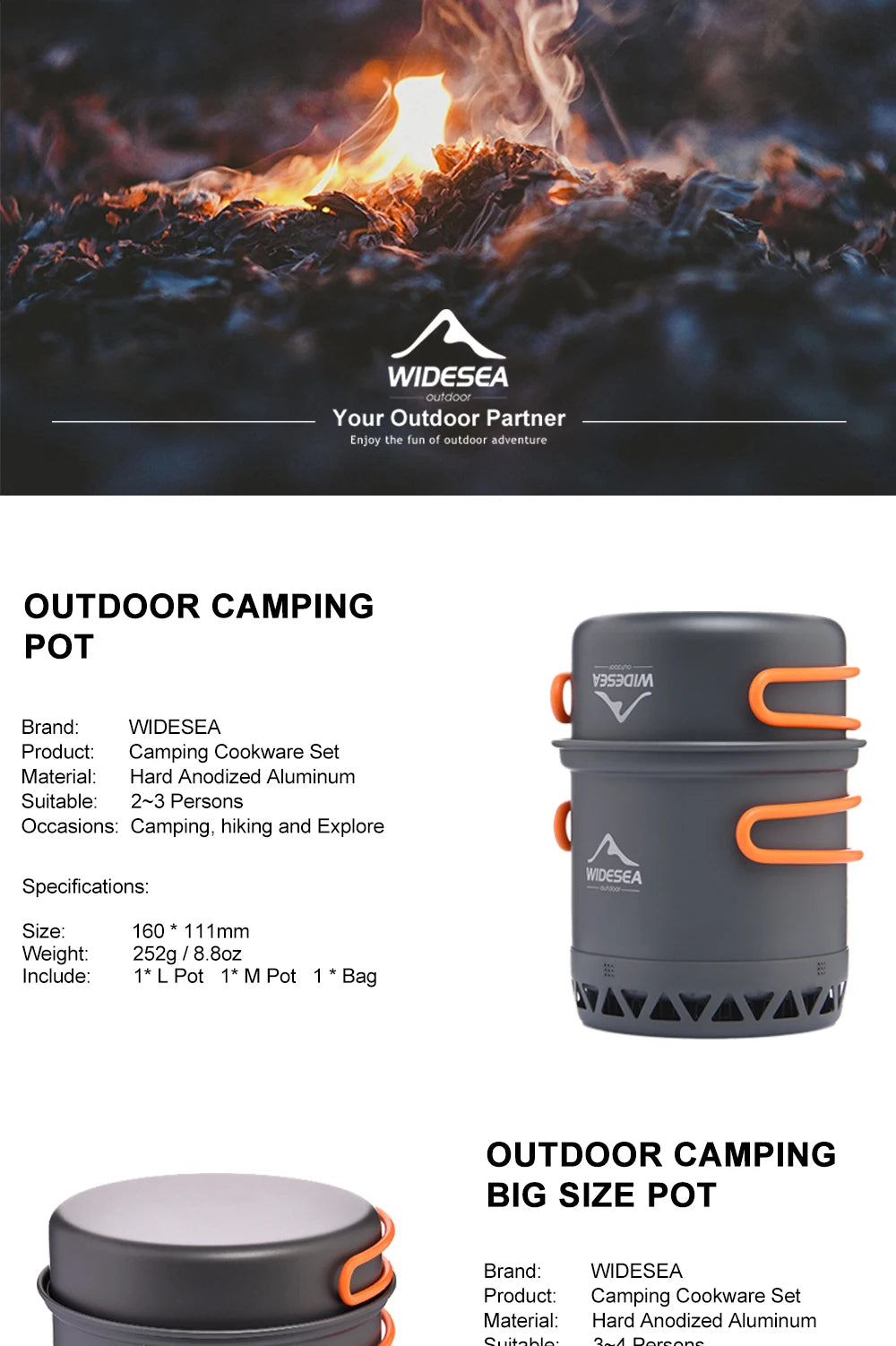 Camping 1.3L 2.3L Cookware Outdoor Cooking Set Heat Cooker Travel Tableware Pot Kettle Tourist Kitchen Utensil Equipment