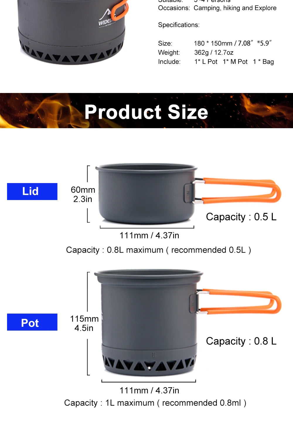 Camping 1.3L 2.3L Cookware Outdoor Cooking Set Heat Cooker Travel Tableware Pot Kettle Tourist Kitchen Utensil Equipment