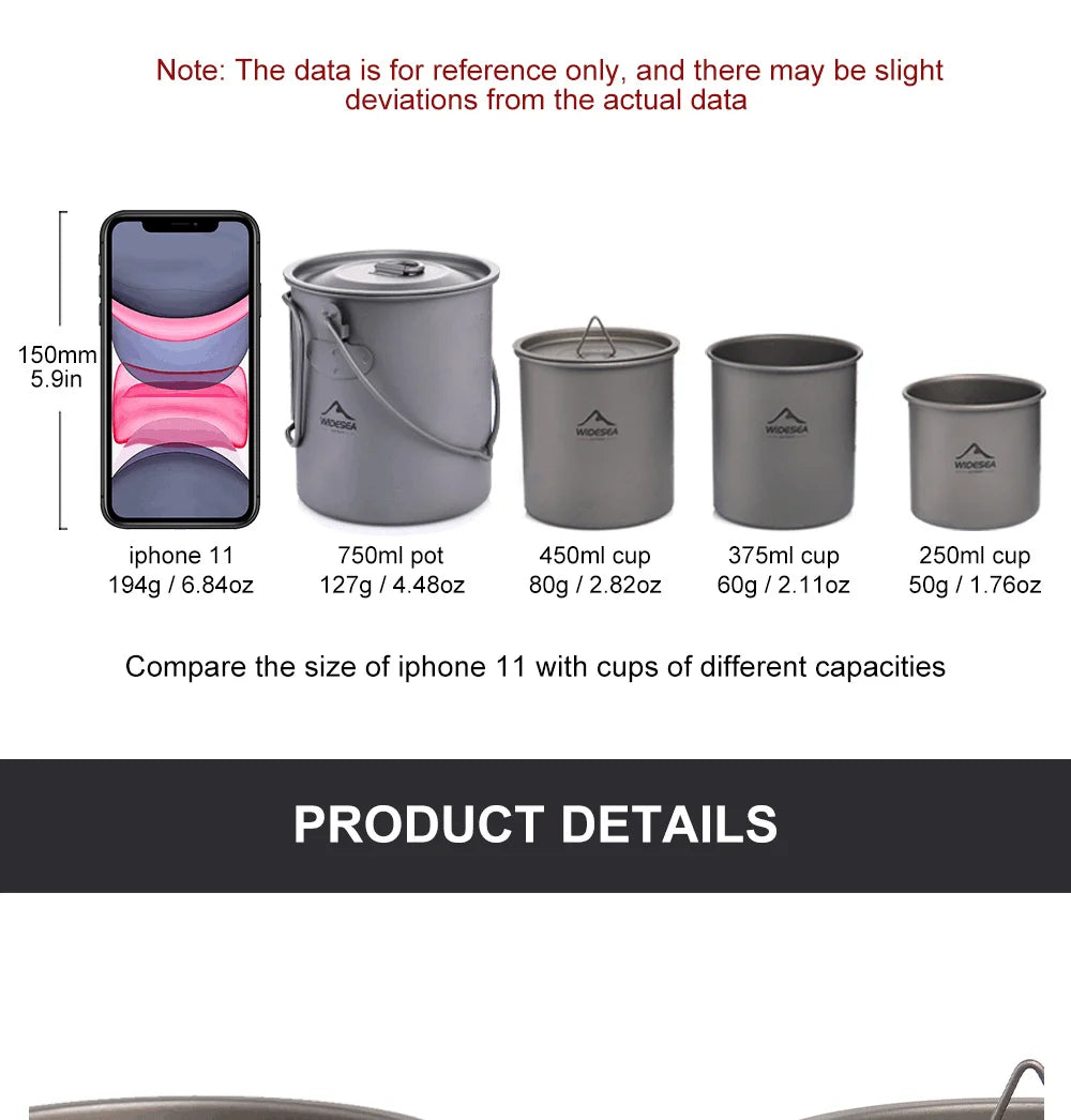 Camping Mug Titanium Cup Tourist Tableware Picnic Utensils Outdoor Kitchen Equipment Travel Cooking set Cookware Hiking