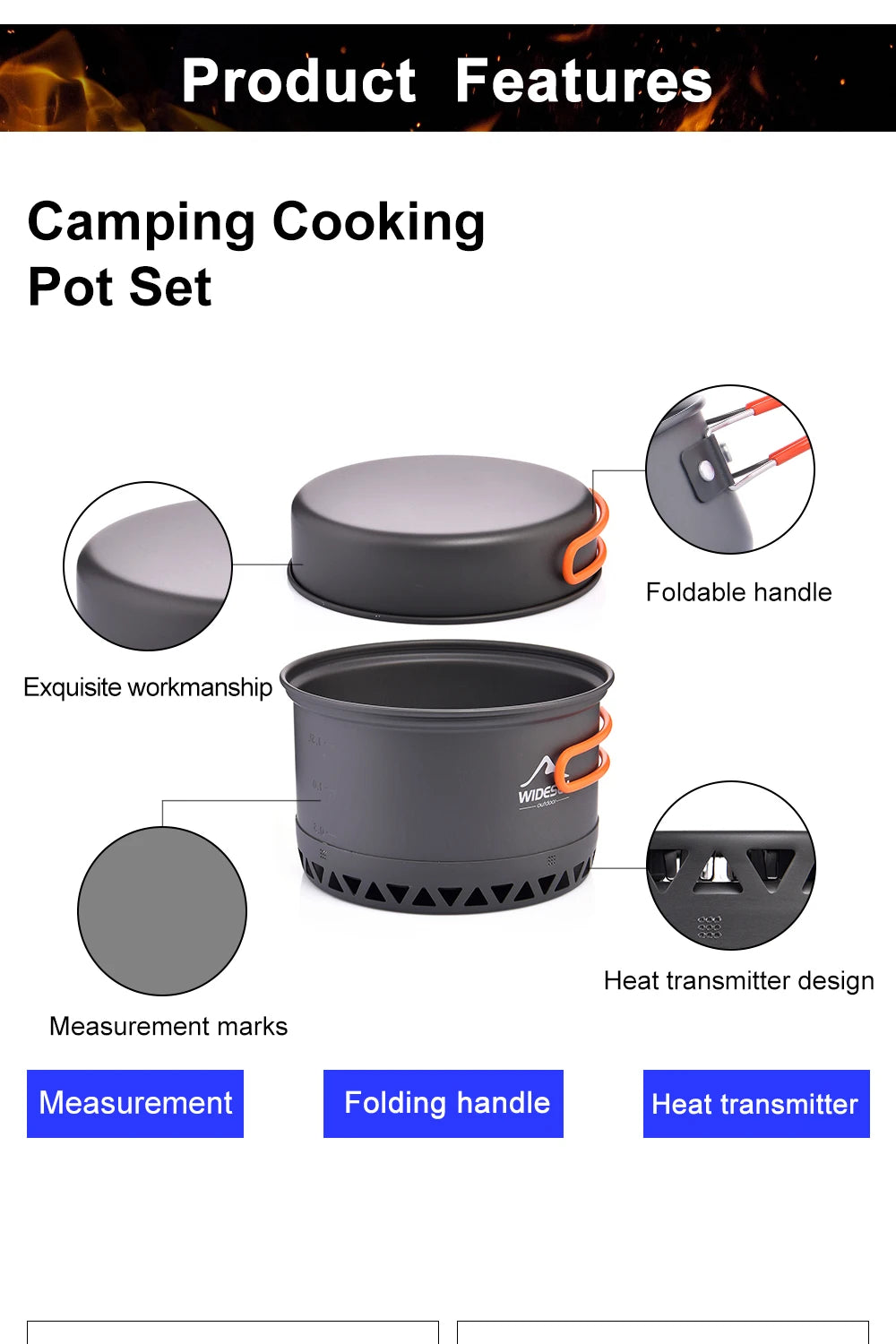 Camping 1.3L 2.3L Cookware Outdoor Cooking Set Heat Cooker Travel Tableware Pot Kettle Tourist Kitchen Utensil Equipment