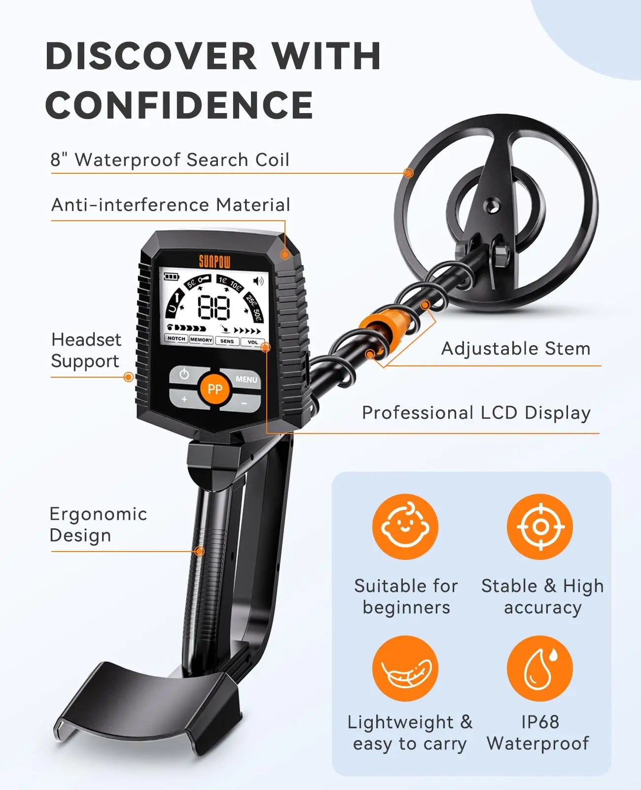 Metal Detector for Adults & Kids, 8"  IP68 Waterproof Coil, 4 Detection Modes Large LCD, Lightweight CE Certified for Family Outdoor Gold Treasure Hunting, MD13