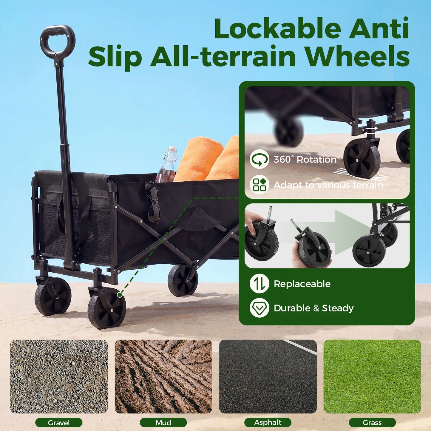 67L Heavy Duty Collapsible Wagon Cart Utility Folding Wagon with Wheels 220 lbs Weight CapacityFlexible Handle for Beach