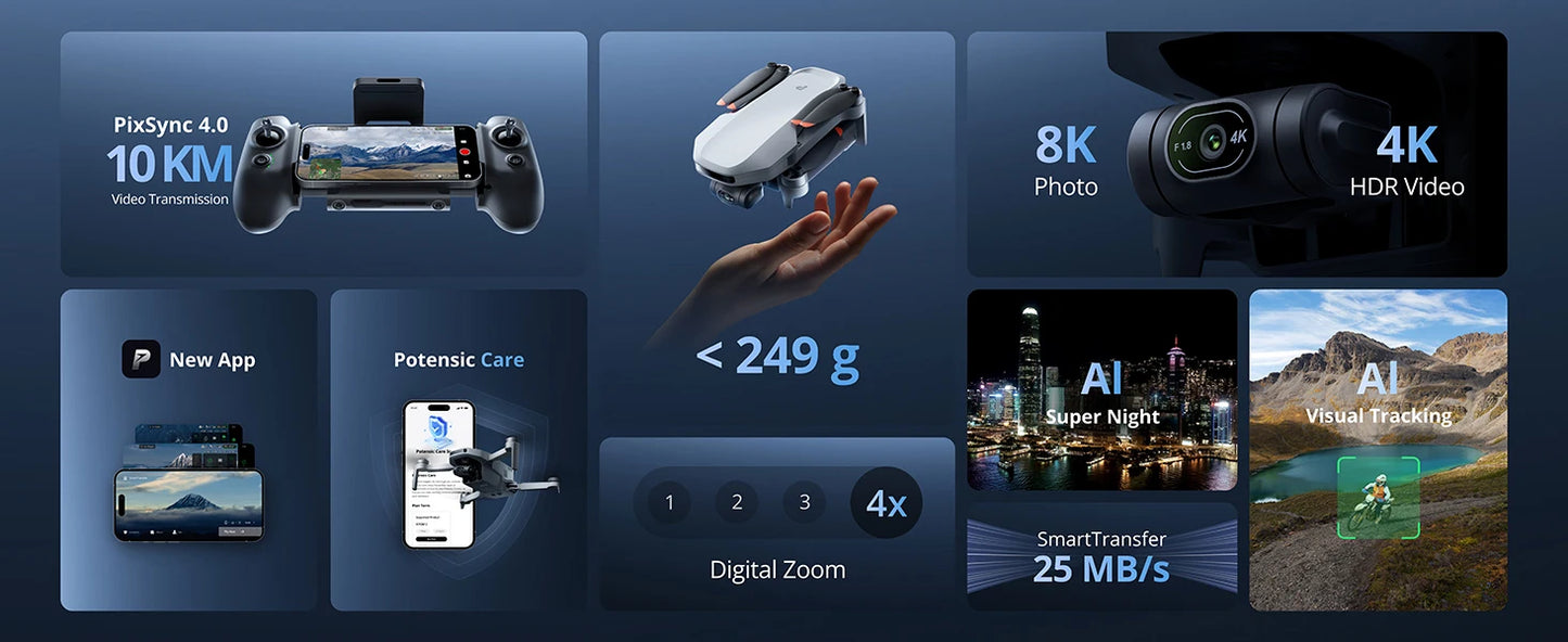 2 Camera Drone, 4K HDR Video, 8K Photo, 3-Axis Gimbal,Under 249g, Vertical Shooting,10-KM, AI Night Shot, AI Track