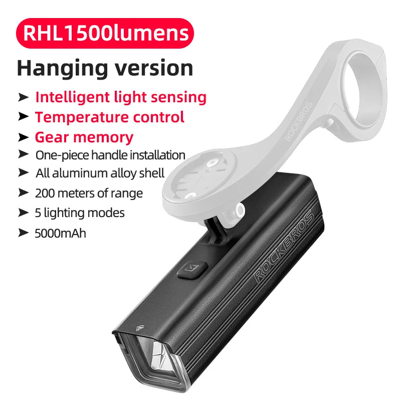 Bicycle Light 1500LM Aluminum Alloy Type-C Charging Smart Bike Front Lights Hanging Version LED Lamp Cycling Headlights