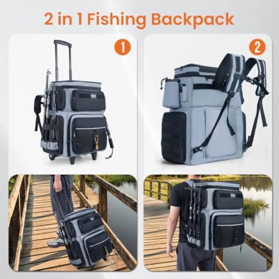 66L Rolling Tackle Box with Cooler, Large Fishing Bag with Wheels for 5 3700 Trays Trays Included,Saltwater Resistant Tackle Ba