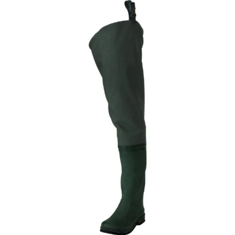 Fishing hip wader for outdoor use, poly/rubber waterproof 2-ply material, black, durable and flexible with reinforced seams