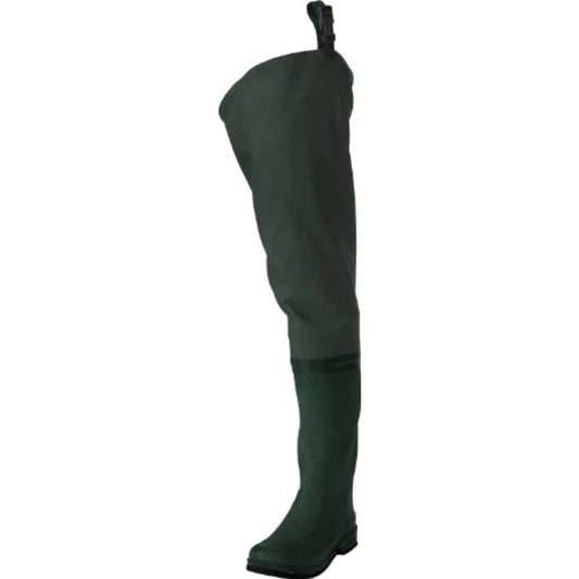Fishing hip wader for outdoor use, poly/rubber waterproof 2-ply material, black, durable and flexible with reinforced seams