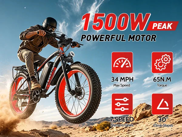 1500W Fat Tire Electric Bike for Adults 26"x4.0 All Terrain Ebike 34MPH Fast Mountain E-Bike 48V Long Range Snow Beach Bicycle