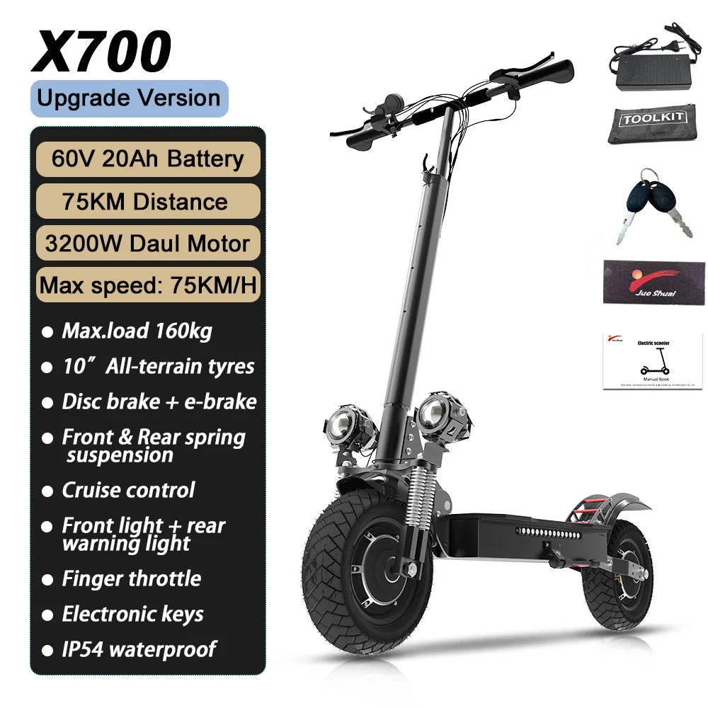 60-85KM/H Fast Electric Scooter for Adults, 1200W-6000W High Power E Scooter Single/Dual Motor, 48V 52V 60V 72V Long Range 40-100KM, 10Ah-30Ah Battery, 11 Inch Off Road Fat Tire All Terrain Electric Scooter with Dual Suspensi