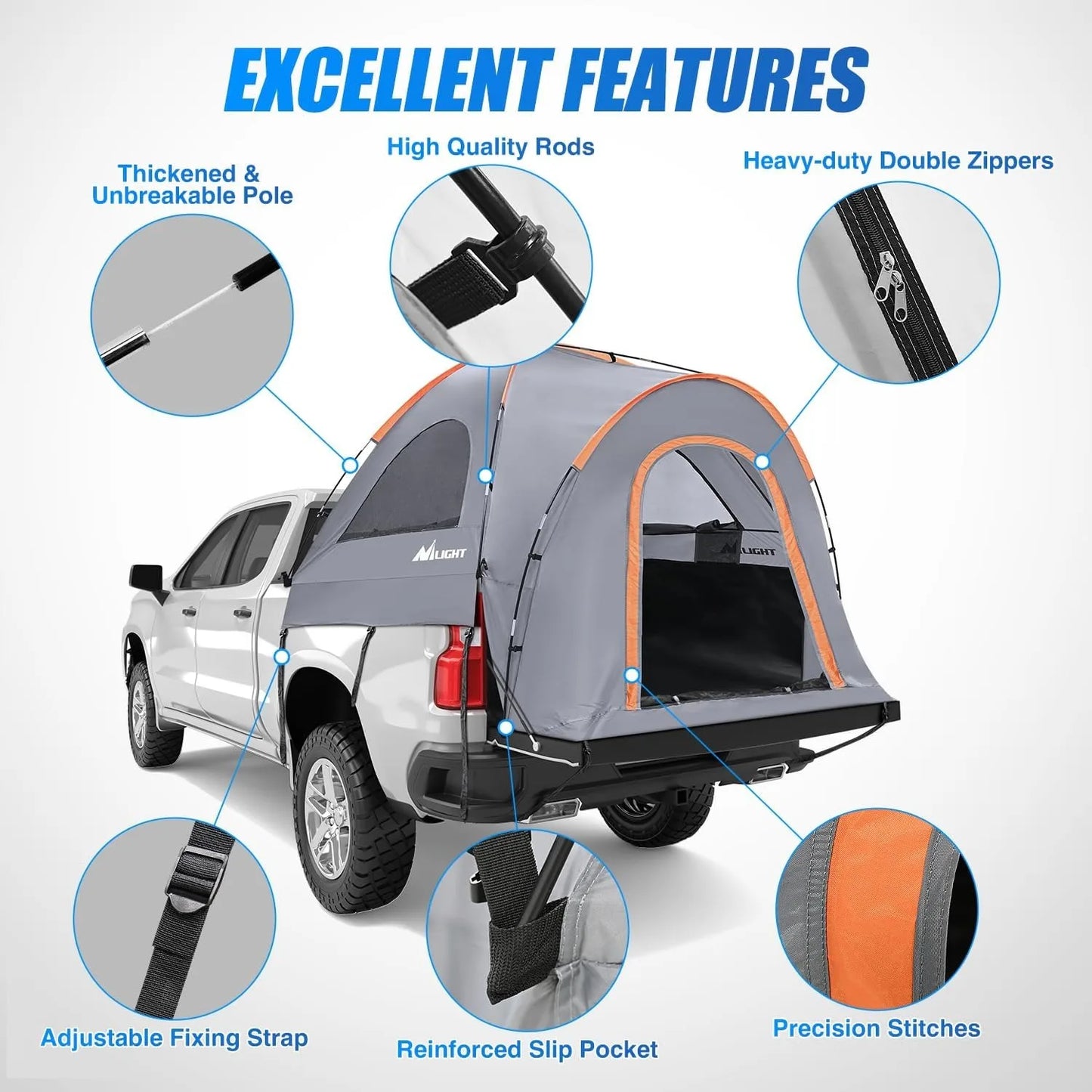 Truck Bed Tent, Pickup Tent 2 Person Waterproof PU2000mm Double Layer for Full Size Truck Camping Outdoor Travel, 8-8.5FT / 5.2-5.8 FT / 6.4-6.7 FT, Portable Pickup Camping Tent for Outdoor Road Trip Adventure
