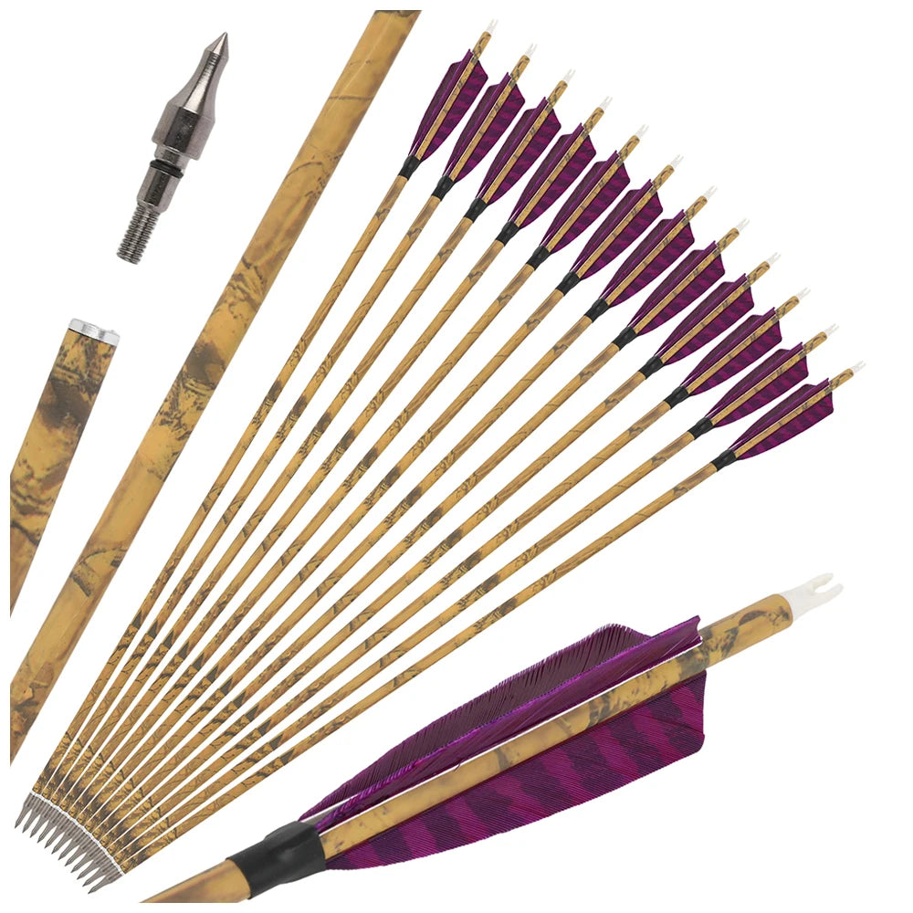 Mixed Carbon Arrows 30 Inch Spine 500 with Turkey Feathers for Compound Recurve Traditional Bow Target Shooting Practice