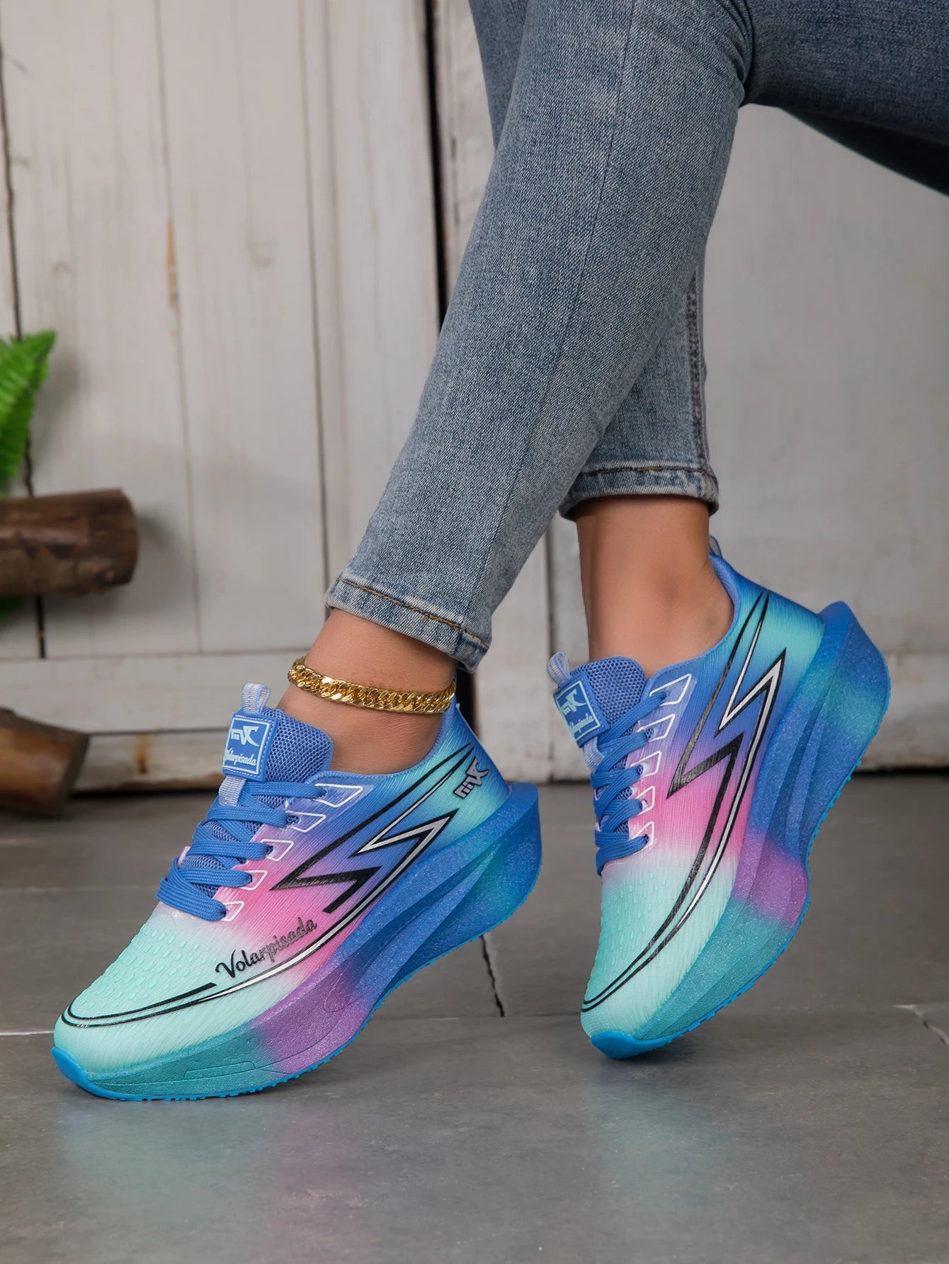 Women Gradient Lightning Print Running Sneakers Breathable Flying Weave Mesh Light Cushion Non Slip Shock Absorb Athletic Gym Jogging Sport Shoes