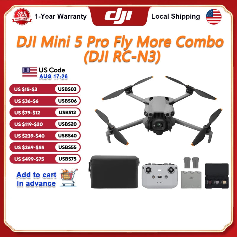 Mini 5 Pro Fly More Combo DJI RC-N3 Vlog Drones with 1-Inch CMOS Mini 5 Pro 4K Camera Drone for Beginners ActiveTrack 360° 225° Gimbal Rotation 3 Batteries