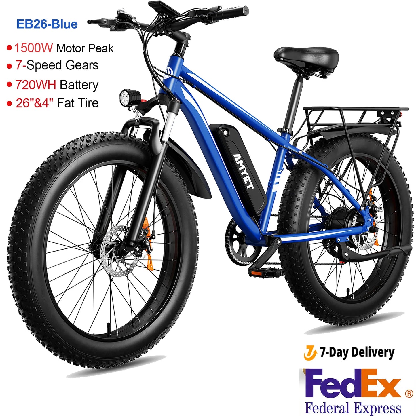 Electric Bike EB26 Blue Adults Electric Bicycle 28mph Peak 1500W 720WH Ebike 26" Fat Tire Mountain Bike Electric Dirt Bike
