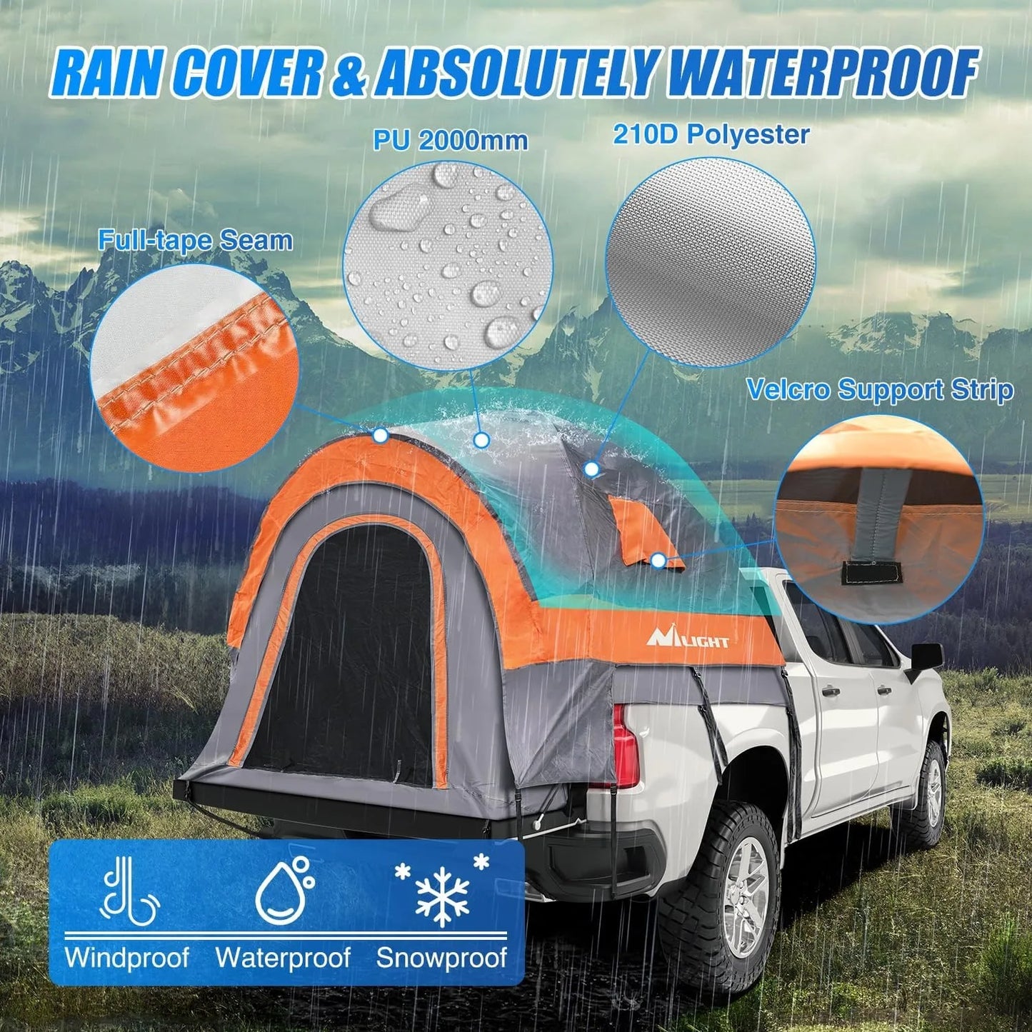 Truck Bed Tent, Pickup Tent 2 Person Waterproof PU2000mm Double Layer for Full Size Truck Camping Outdoor Travel, 8-8.5FT / 5.2-5.8 FT / 6.4-6.7 FT, Portable Pickup Camping Tent for Outdoor Road Trip Adventure