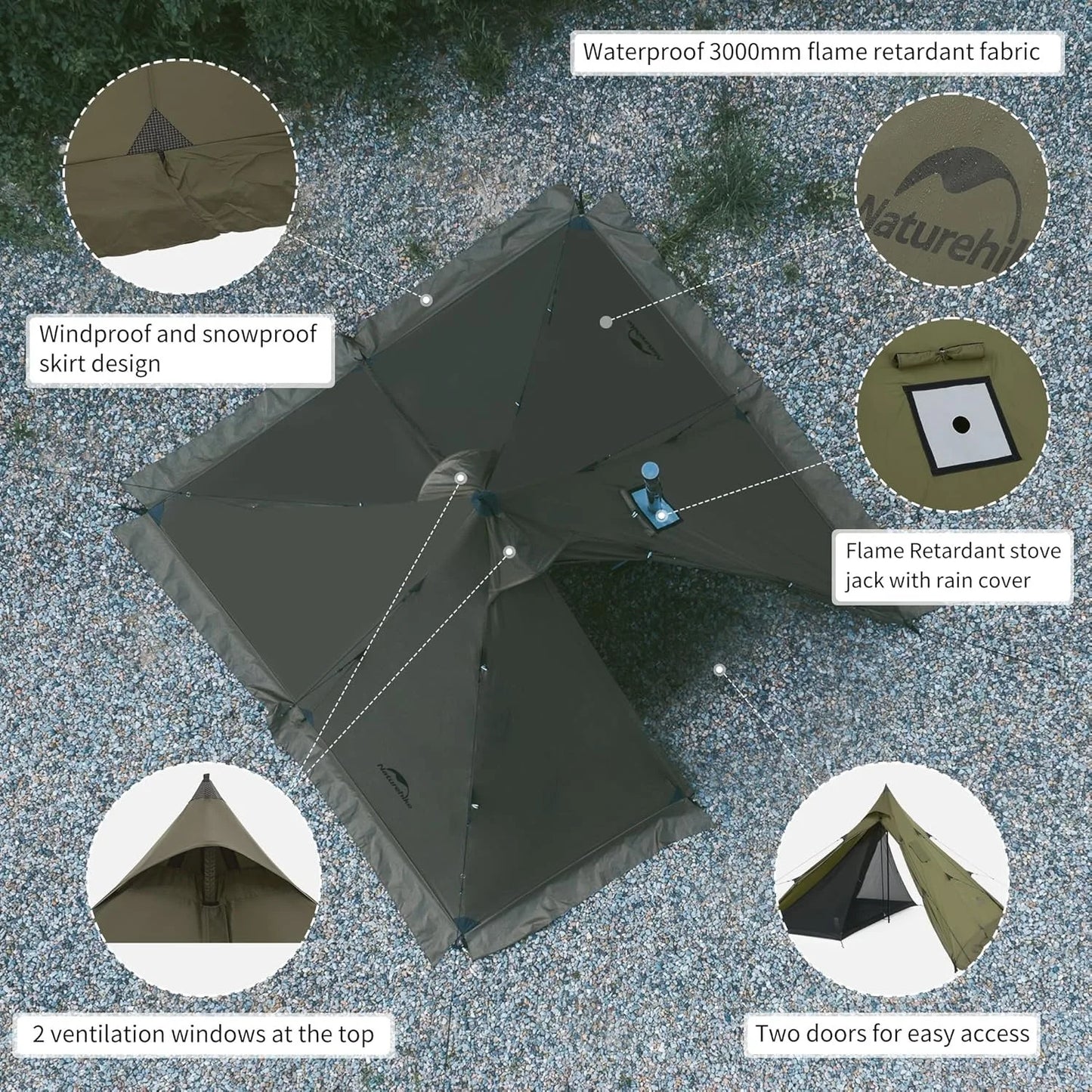 Camping Tent with Chimney Window 2-4 Person Outdoor Ultralight Tipi Teepee Tent Pyramid Double Layer Flame-retardant