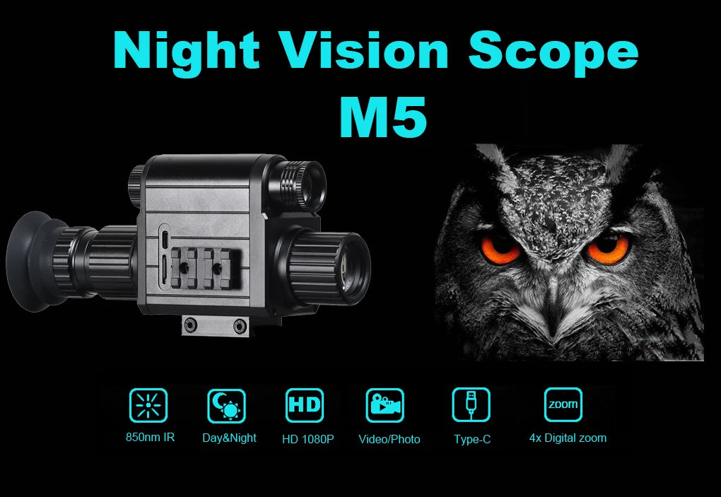 Digital Night Vision Riflescope 940nm IR Scope Sight Monocular 5X Zoom HD 1080P Video Photo 300m Night Vision for Hunting