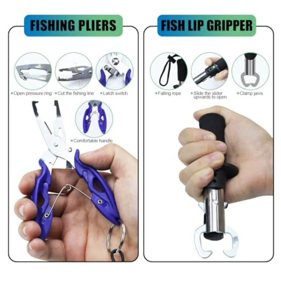 Fishing Backpack with Tackle Box - 358 Pcs Complete Fishing Tool Kit and Accessories Bundle for Anglers Includes Bait, Hooks, S