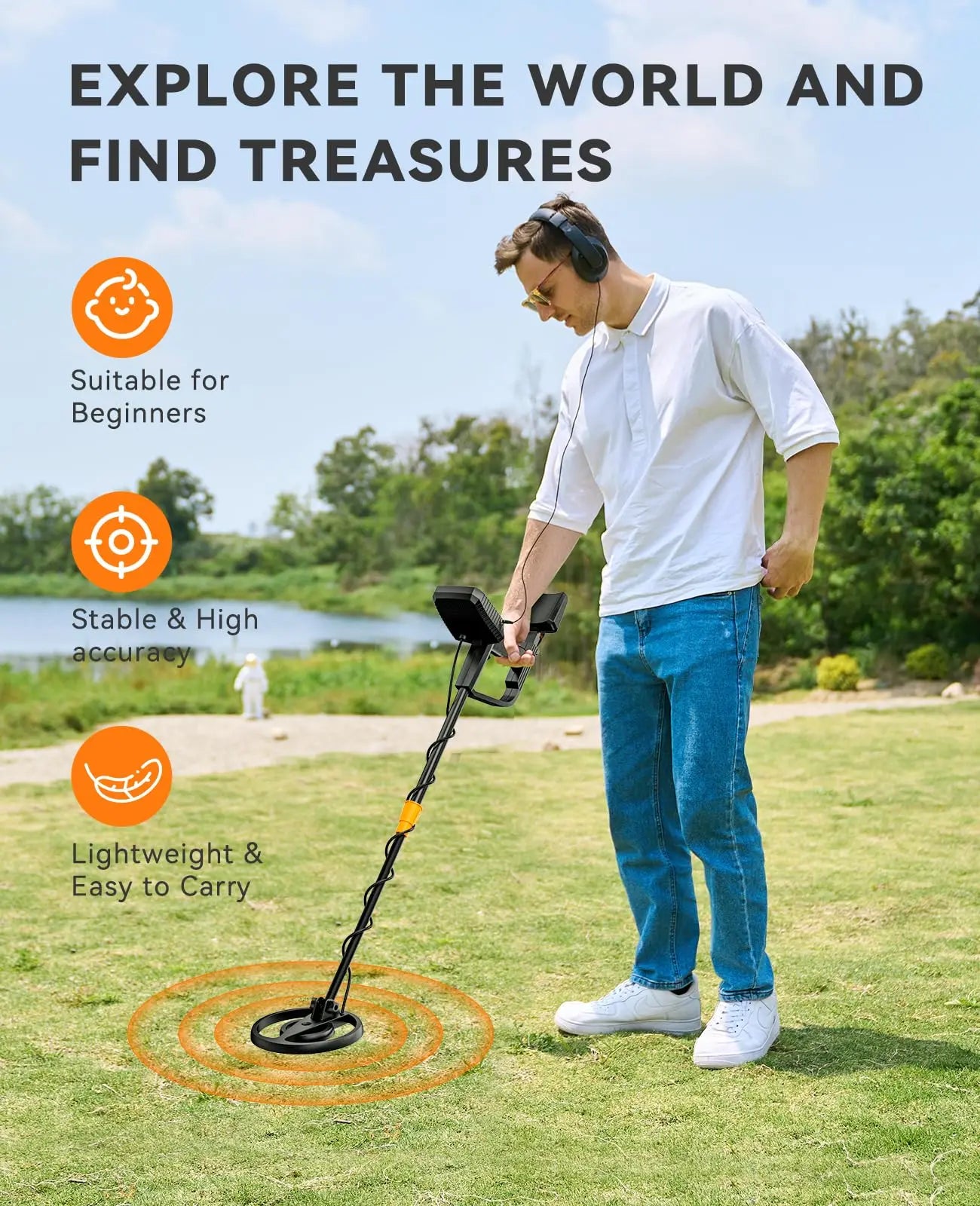 Metal Detector for Adults & Kids, 8"  IP68 Waterproof Coil, 4 Detection Modes Large LCD, Lightweight CE Certified for Family Outdoor Gold Treasure Hunting, MD13
