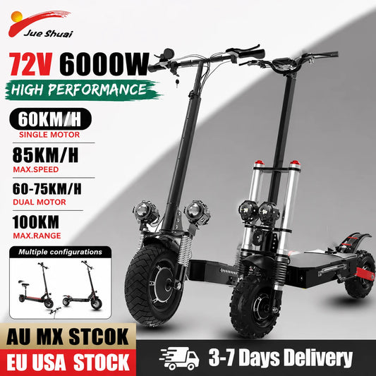 60-85KM/H Fast Electric Scooter for Adults, 1200W-6000W High Power E Scooter Single/Dual Motor, 48V 52V 60V 72V Long Range 40-100KM, 10Ah-30Ah Battery, 11 Inch Off Road Fat Tire All Terrain Electric Scooter with Dual Suspensi