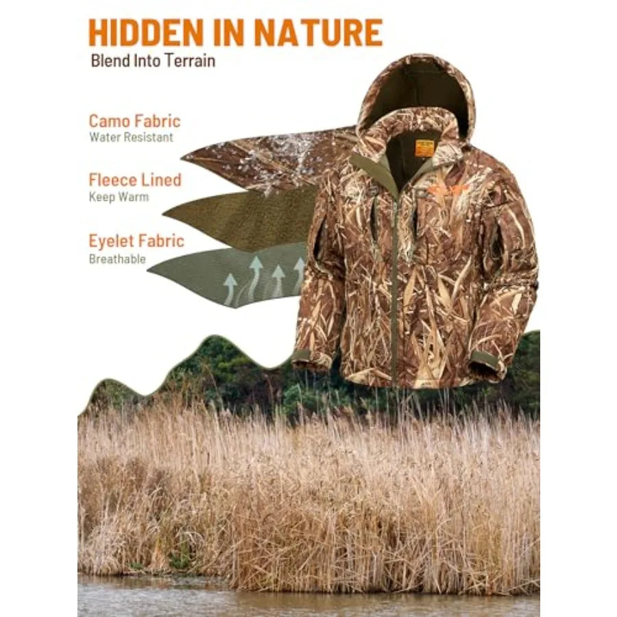 Camo Hunting Jackets for Men Warm Fleece Lined Hunting Jacket with Hood Quiet Water Resistant Hunting Clothes