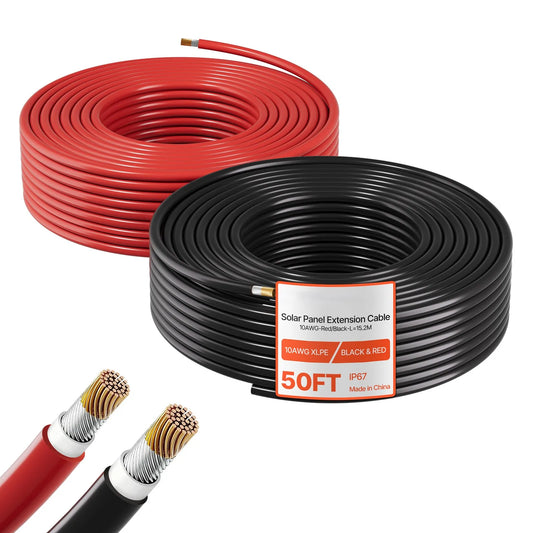 Solar Panel Wire 50 ft Black + 50 ft Red Kit / 65 ft Black + 65 ft Red Kit / 100 ft Black + 100 ft Red Kit PV Tinned Copper Wire for Outdoor Home Off-Grid Photovoltaic Systems Black and Red