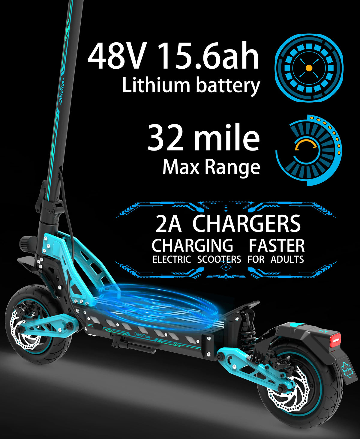 31mph 50kmh Double Absorber Brake Powerful Off-road Adult Big 48V 10inch Tires Adult Electric Scooter